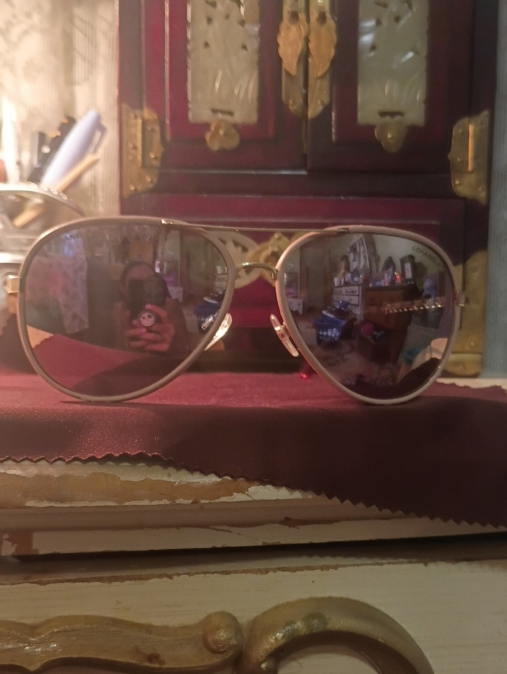 CHANEL Light Pink Metal Polorized  Pilot  Aviators W Gold